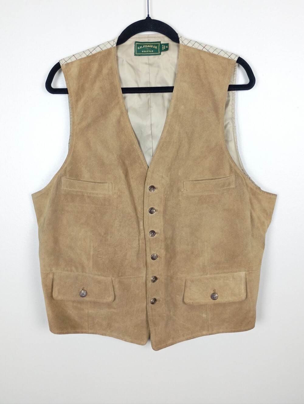 Vintage Filson Y2K Suede Leather Wool Back Plaid Utility Vest Camel Tan XL